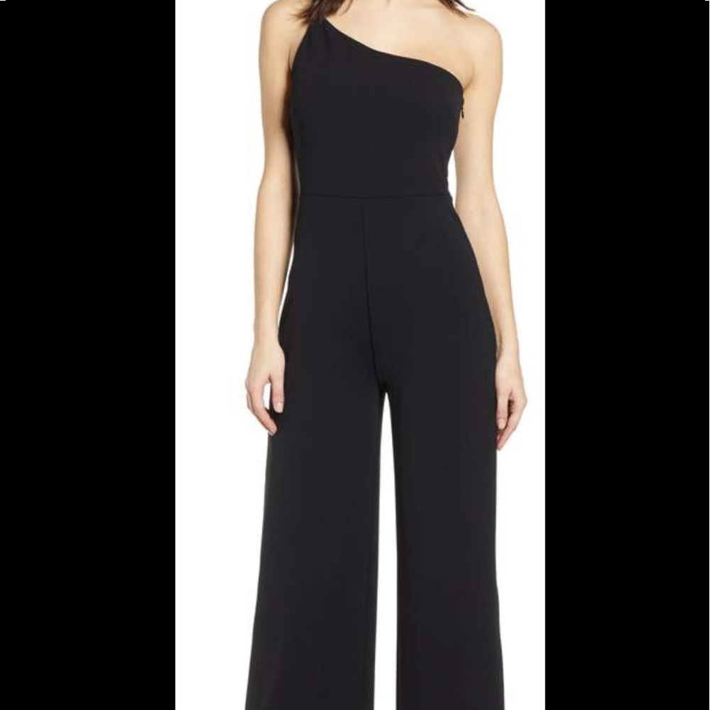 LEITH Black One Shoulder Long Wide Leg Jumpsuit, Size Large